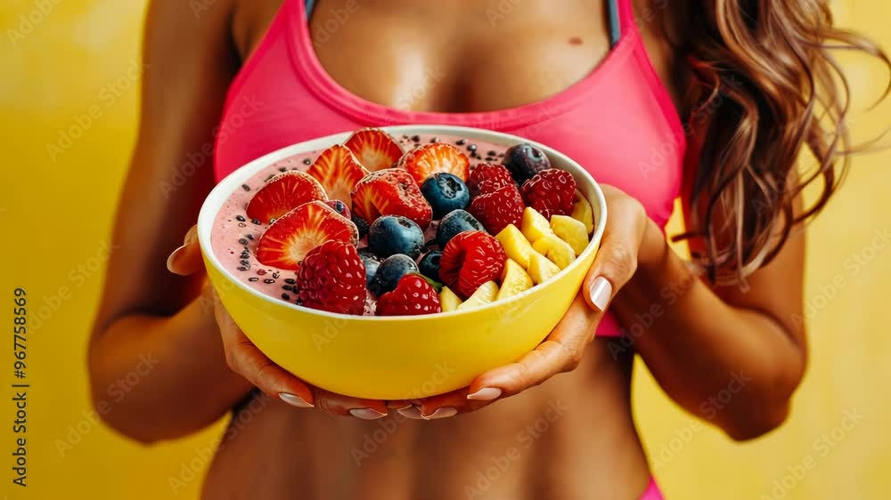 Close-up a young woman in sportswear holding smoothie bowl with mixed fruits on yellow background. Video 4K