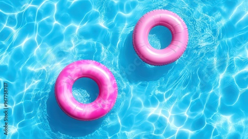 Vibrant Aerial Scene of a Swimming Pool Featuring Two Pink Floats, A Circular and A Rectangular, Surrounded by Sparkling Water and Sunlit Surroundings photo