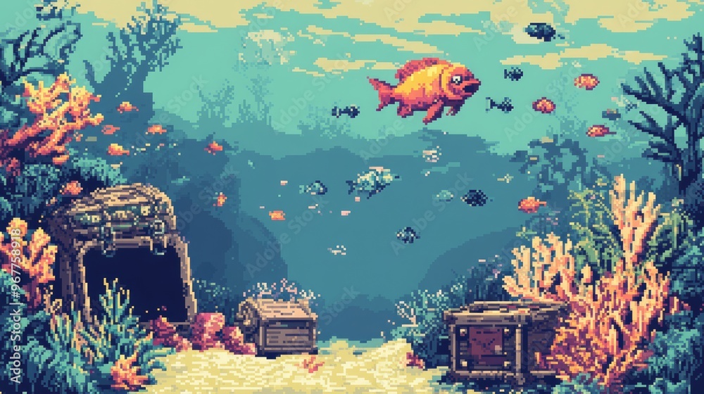 Pixelated 8-bit underwater scene with fish, treasure chests, and coral ...