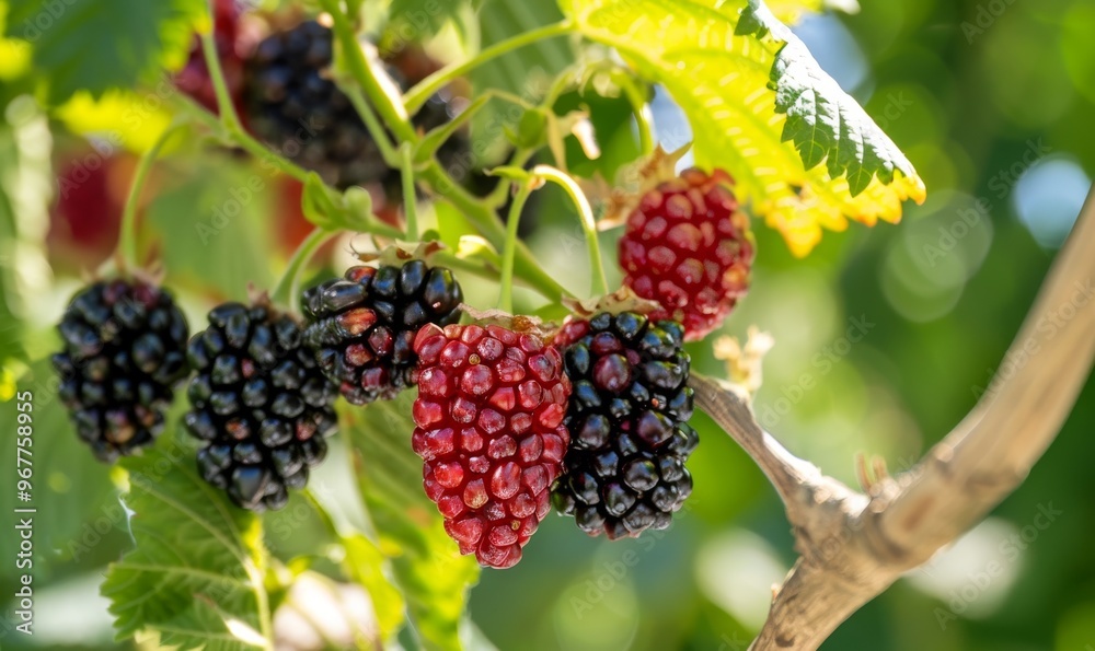 Fresh Blackberries and Raspberries Hanging From Green Leaves on a Sunny Day in a Garden Fresh Blackberries and Raspberries Hanging From Green Leaves on a Sunny Day in a Garden
