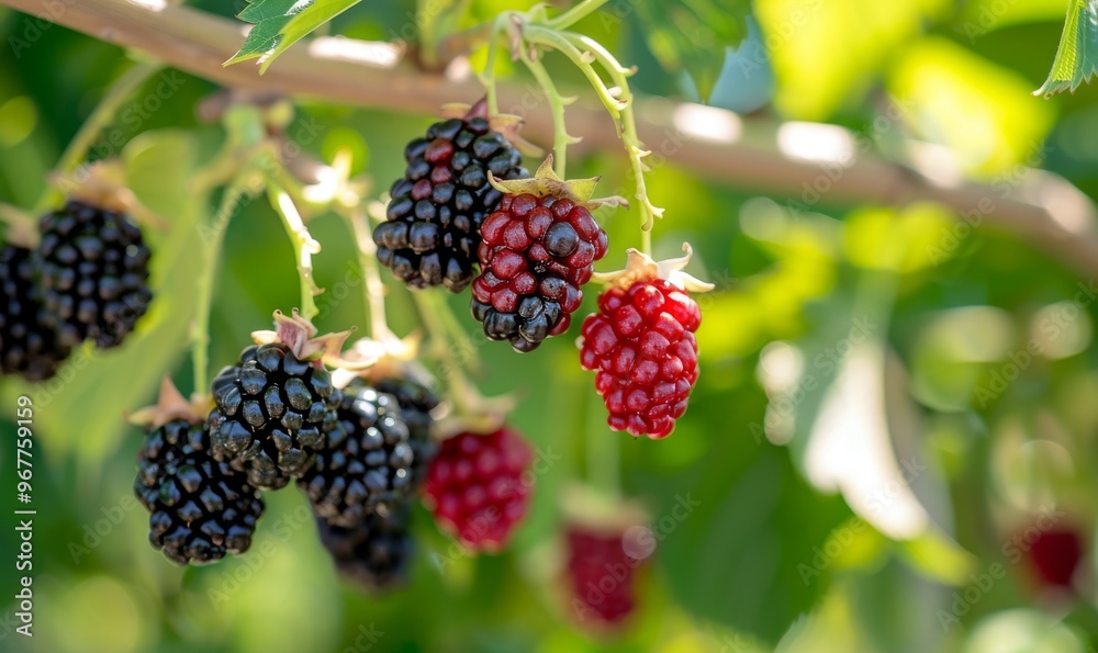 Fresh Blackberries and Raspberries Hanging From Green Leaves on a Sunny Day in a Garden Fresh Blackberries and Raspberries Hanging From Green Leaves on a Sunny Day in a Garden