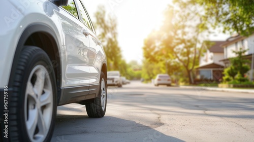 Suburban Outdoor Parking Scene, a parked car rests under the bright sun, surrounded by neatly arranged houses and greenery on a clear day, inviting and serene atmosphere