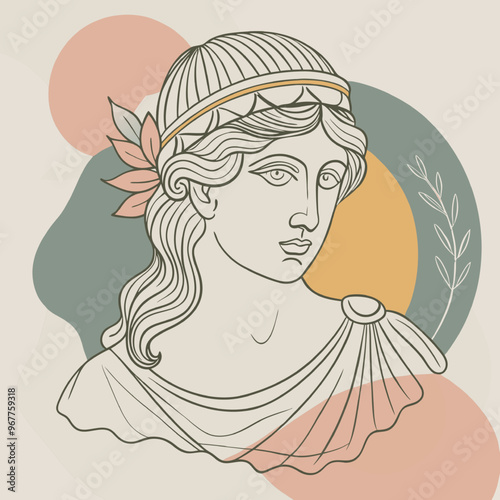 Serene Antiquity: A minimalist line art portrait of a Greek goddess, adorned with a laurel wreath, exudes timeless beauty and classical elegance against a backdrop of muted, organic shapes.  