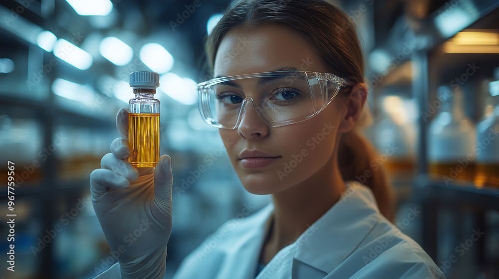 Female Scientist Holding Liquid Sample in Lab Female Scientist Holding Liquid Sample in Lab