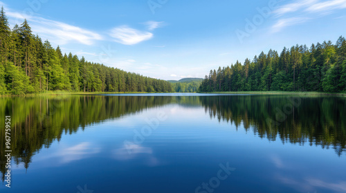 Tranquil Lakeside Retreat, a peaceful landscape featuring calm waters and lush greenery, inviting reflection and contemplation, perfect for relaxation and inspiration.