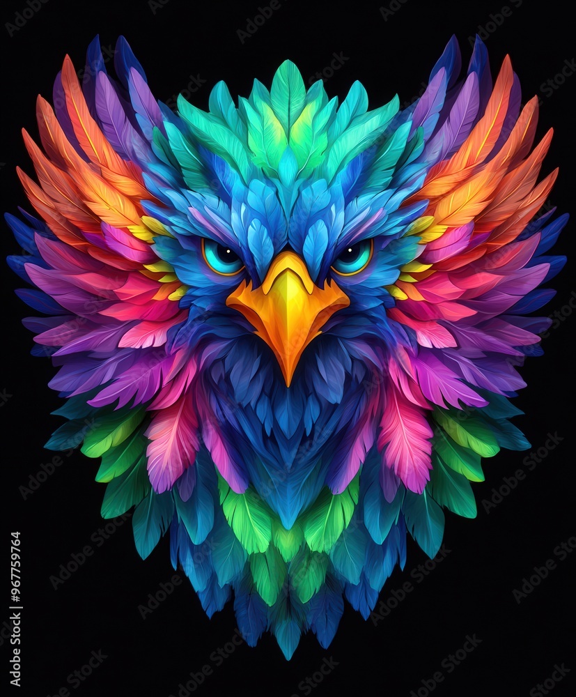 Obraz premium Vividly Colored Bird Head with Dynamic Wings, showcasing intricate blue, green, purple, and pink hues, highlighted against a bold black background to enhance its striking features.