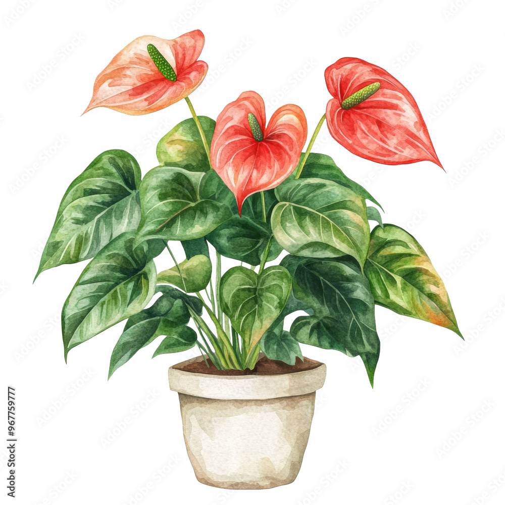 Obraz premium Isolated Watercolor Illustration of Anthurium Plant in a Pot with Red Flowers and Green Leaves