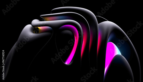 3d render abstract art with part of the surreal alien flower in curved wavy spherical elegance spiral lines forms in black matte rubber material with a neon glowing yellow blue and purple part