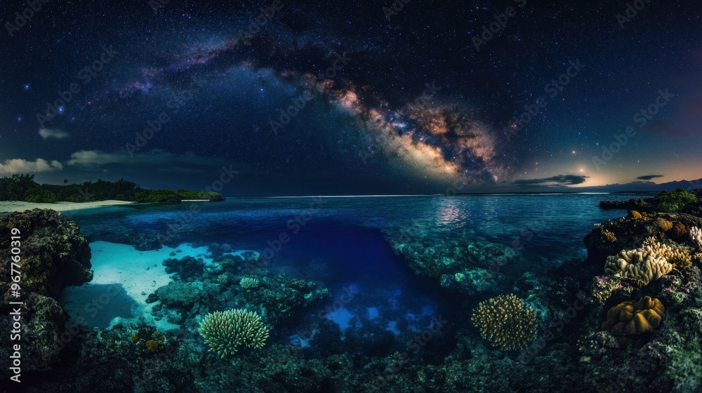Fototapeta premium A stunning night sky over a coral reef, showcasing the Milky Way and tranquil waters.
