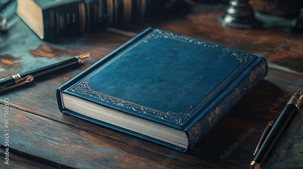 Blue Leather Bound Book with Gold Embellishments Blue Leather Bound Book with Gold Embellishments
