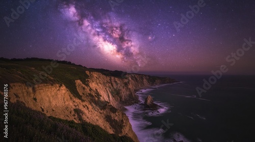 A stunning night sky with the Milky Way over a coastal landscape.