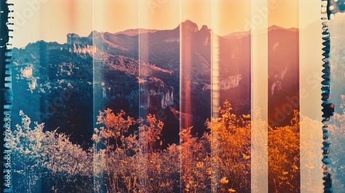 A close-up of film negatives with scenes of landscapes, showcasing the beauty captured through the lens of film photo