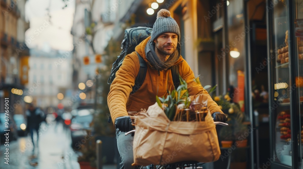 Pedaling with purpose, the rider delivers food using eco-friendly transportation Pedaling with purpose, the rider delivers food using eco-friendly transportation