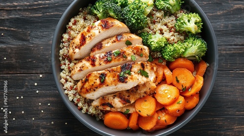 top view of a bowl with grilled chicken fillet steaks quinoa sliced carrots and broccoli on a dark wood background nutritious balanced meal for clean eating