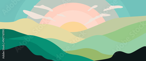 Vector flat illustration. Mountain panorama and great view. Perfect for a summer sale post or banner.