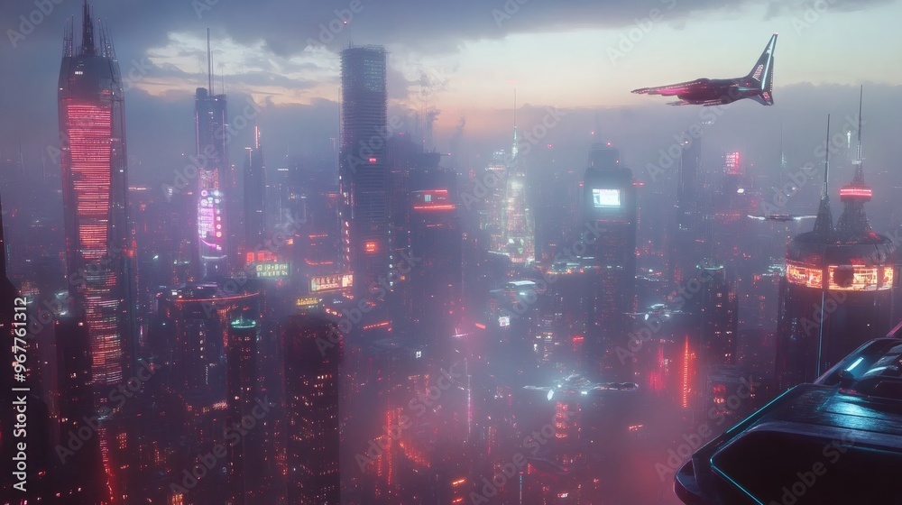 A futuristic cityscape with tall skyscrapers, glowing neon signs, and a flying vehicle in the foggy sky. A futuristic cityscape with tall skyscrapers, glowing neon signs, and a flying vehicle in the foggy sky.