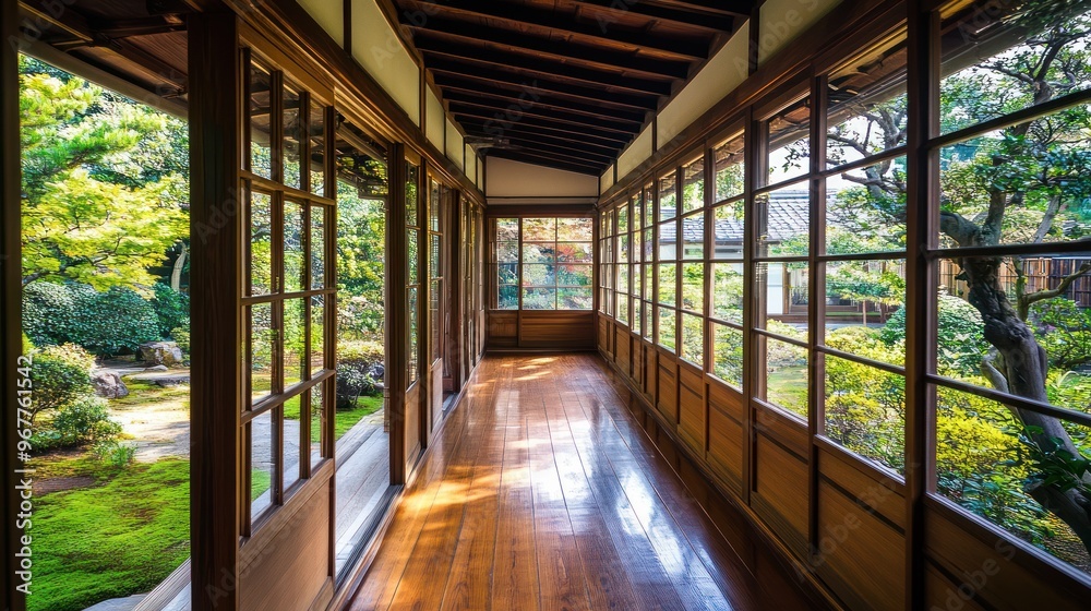 A traditional Japanese hallway with sliding doors and windows looking out on a green garden. A traditional Japanese hallway with sliding doors and windows looking out on a green garden.