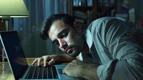 Exhausted man fallen asleep on his laptop in a dimly lit room, representing work fatigue and burnout. Suitable for themes of overwork, stress, and exhaustion. Video 4K