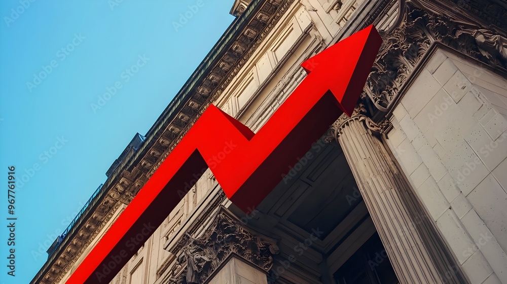 Red Arrow on Bank Building Signifying Falling Interest Rates and Economic Conditions Red Arrow on Bank Building Signifying Falling Interest Rates and Economic Conditions
