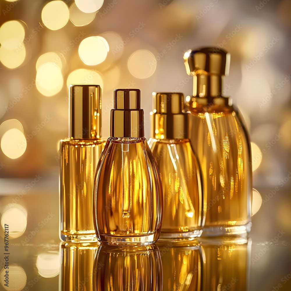 Mock up of a aesthetic shot of body oil and cosmetic packaging, bottles elegantly arranged on a gold tray, with smooth, glossy surfaces Mock up of a aesthetic shot of body oil and cosmetic packaging, bottles elegantly arranged on a gold tray, with smooth, glossy surfaces