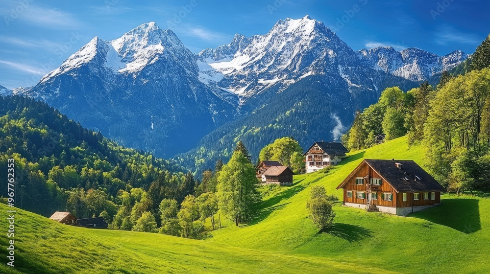 Alpine mountains in Bavaria, with snow-capped peaks and picturesque villages Alpine mountains in Bavaria, with snow-capped peaks and picturesque villages