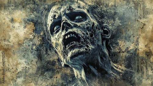 A mixed-media piece of zombie art, combining digital textures with traditional painting techniques to create a haunting image photo