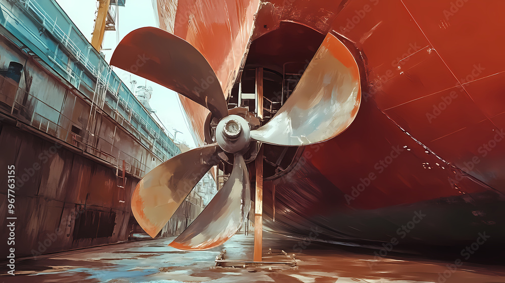 Ship Prears Propeller of cargo ship in dry dock undergoing maintenance: close-up ...
