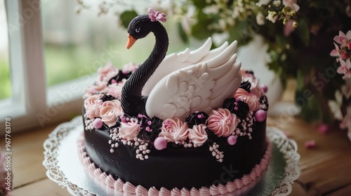 a birthday cake with the silute of a swan, decorate with sugar flowes photo