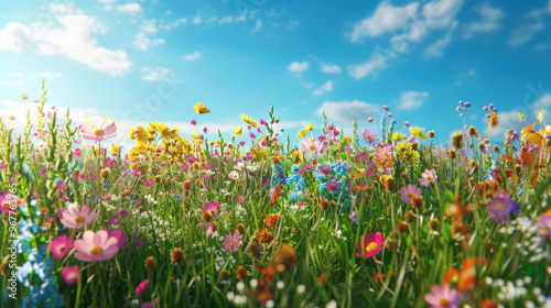 A field of flowers with a blue sky in the background