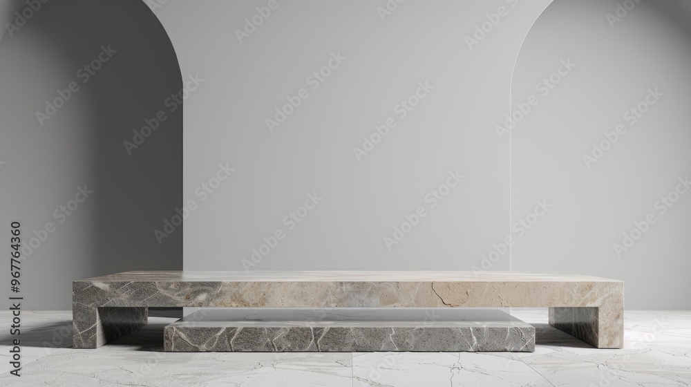 Minimal stone podium on plain backdrop. Minimal stone podium on plain backdrop.