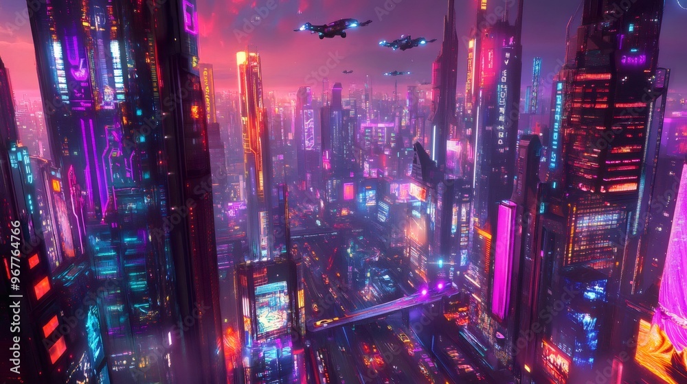 Futuristic City Skyline with Neon Lights and Flying Cars. Futuristic City Skyline with Neon Lights and Flying Cars.