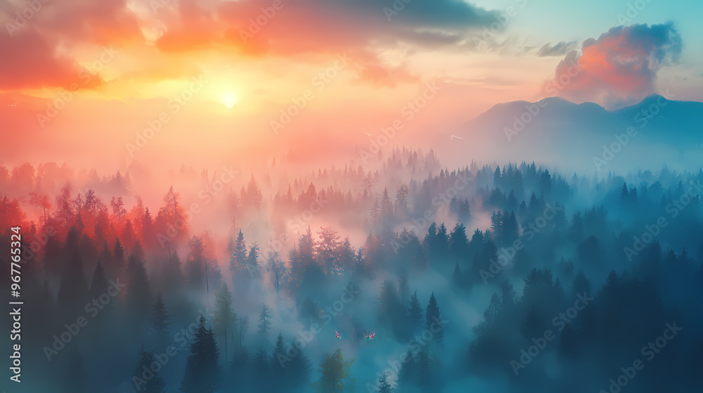 Obraz premium Mystical foggy forest with fairies and mythical creatures at sunrise colorful fantasy aerial view. Foggy Morning. Illustration