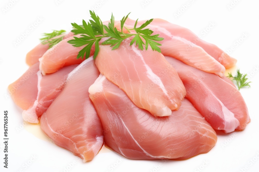 Freshly cut chicken breast fillets arranged neatly with herbs on a white background