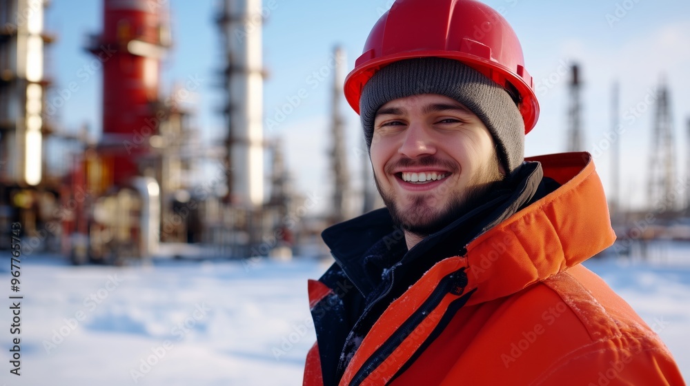 A smiling worker in winter gear at an oil refinery during a clear day, showcasing the industrial environment and commitment to safety