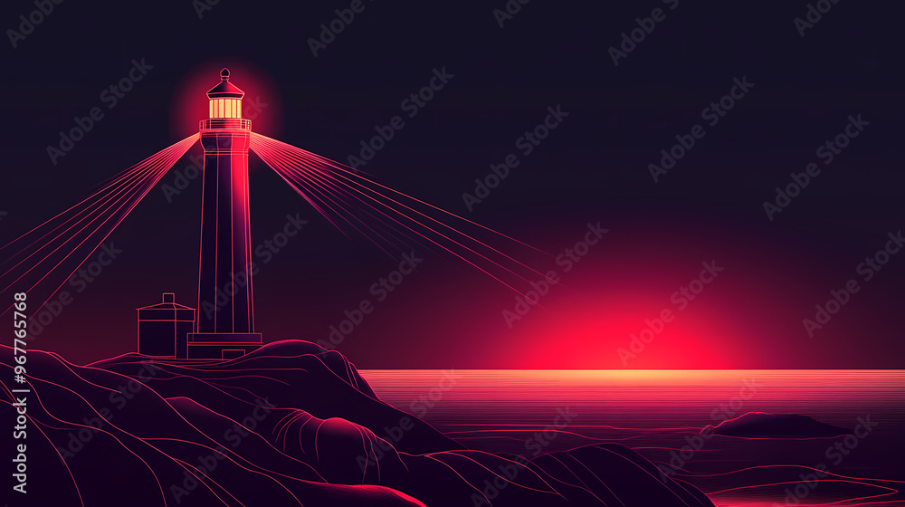 Obraz premium Neon silhouette of lighthouse at sunrise isotated on black background. Lighthouse. Illustration