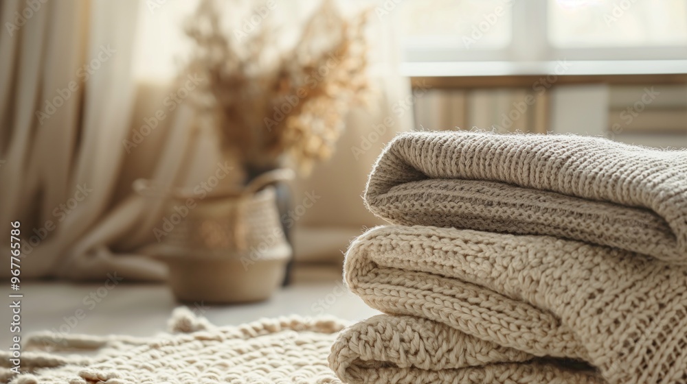 Cozy stack of knitted blankets in soft neutral tones. Cozy stack of knitted blankets in soft neutral tones.