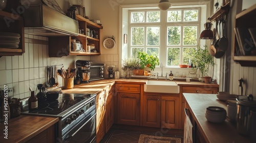 A cozy kitchen interior with warm wood tones, vintage appliances, and a farmhouse-style sink photo