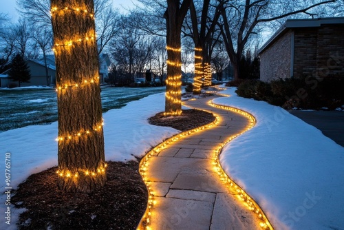 Christmas lights wrapped around tree trunks and branches, turning a bare winter garden into a glowing wonderland photo