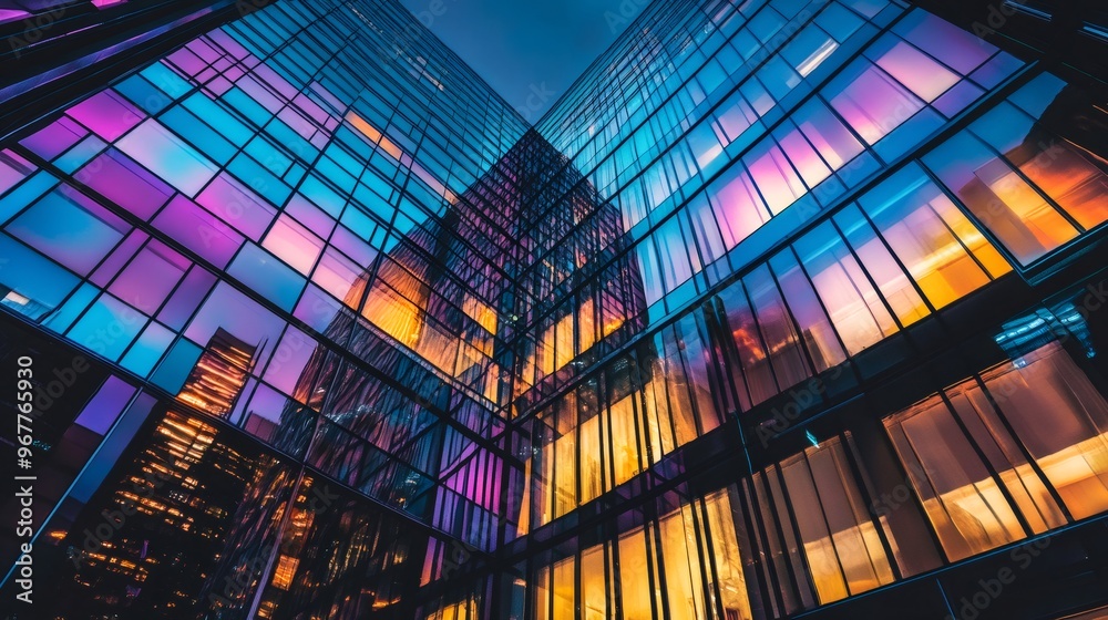Low angle view of a modern glass skyscraper at night with colorful reflections. Low angle view of a modern glass skyscraper at night with colorful reflections.