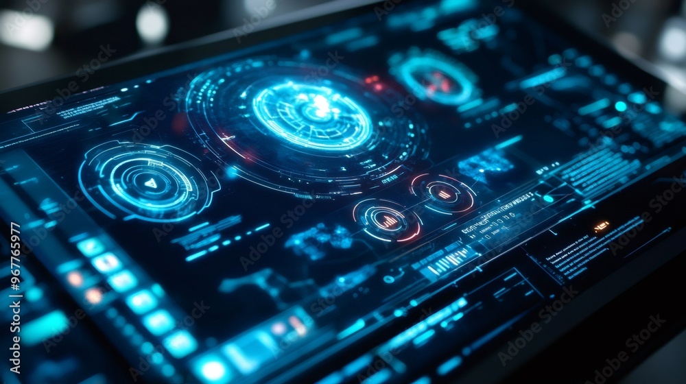 Close-up of a futuristic digital interface with glowing blue and red circles and lines. Close-up of a futuristic digital interface with glowing blue and red circles and lines.