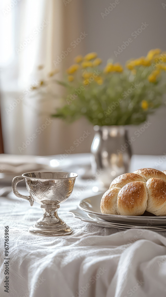 A beautifully set table featuring silver Kiddush cup and freshly baked challah rolls, complemented by vase of yellow flowers. soft lighting creates warm and inviting atmosphere