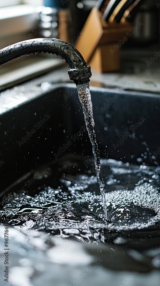 A kitchen sink with broken handle is leaking water, creating ripples in dark water below. scene captures urgency of plumbing issue that needs immediate attention A kitchen sink with broken handle is leaking water, creating ripples in dark water below. scene captures urgency of plumbing issue that needs immediate attention