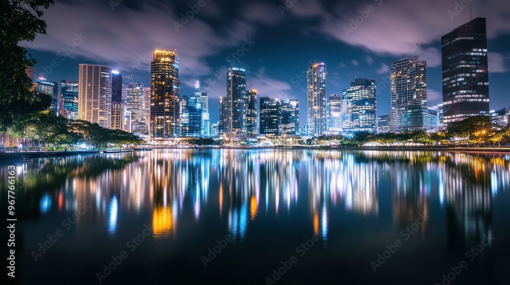 Fototapeta premium A vibrant city skyline reflected in water at night, showcasing lights and modern architecture.
