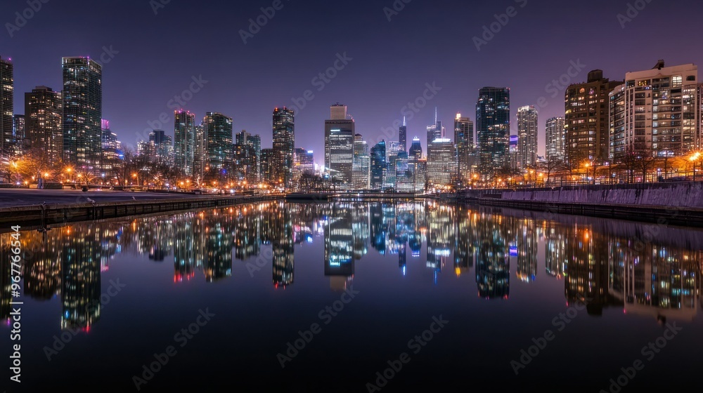 Naklejka premium A vibrant city skyline reflected in water at twilight, showcasing urban beauty and tranquility.