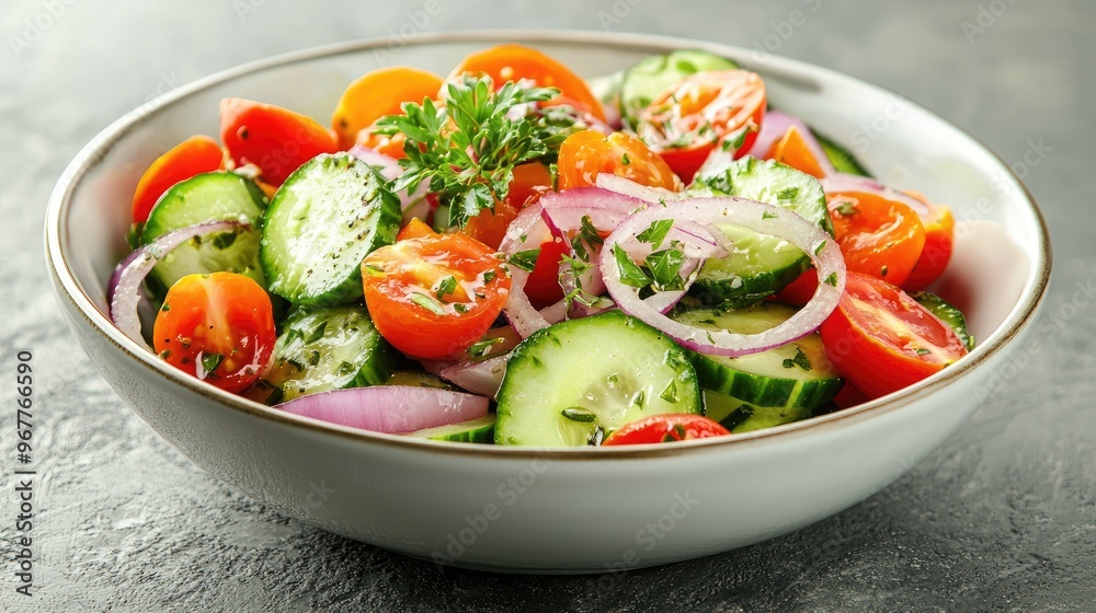 A bowl of cucumber salad with cherry tomatoes and red onions, garnished with herbs. A bowl of cucumber salad with cherry tomatoes and red onions, garnished with herbs.