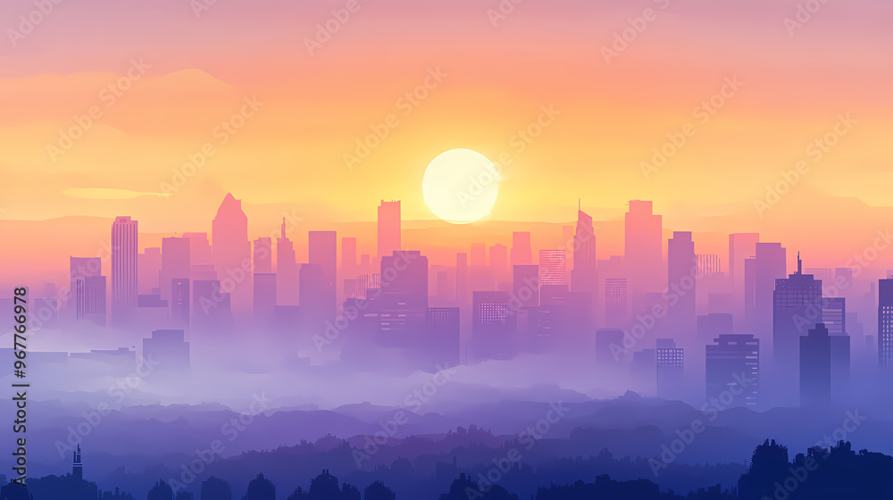 Panorama of the city at dawn with fog and sun in the sky. Foggy Morning. Illustration Panorama of the city at dawn with fog and sun in the sky. Foggy Morning. Illustration