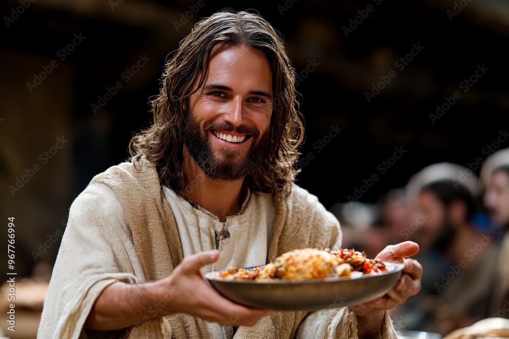 Jesus feeding the hungry, sitting with the poor and downtrodden, offering them food, compassion, and hope Jesus feeding the hungry, sitting with the poor and downtrodden, offering them food, compassion, and hope