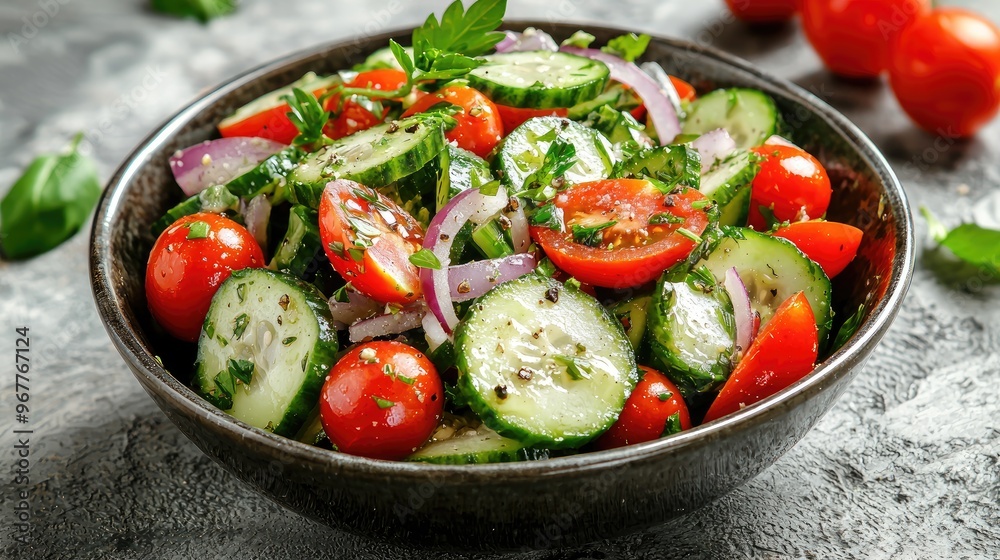 A bowl of cucumber salad with cherry tomatoes and red onions, garnished with herbs. A bowl of cucumber salad with cherry tomatoes and red onions, garnished with herbs.