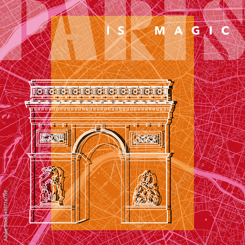 Affiche graphique sur le thème des monuments de Paris en France avec un Arc de triomphe aux contours filaires blancs sur un fond coloré d’un plan de la ville.