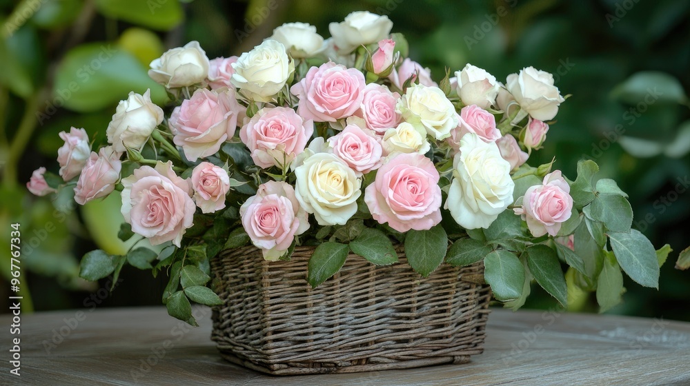 A bouquet of pink and white roses, arranged in a vintage basket, placed on a garden table, radiating natural beauty.